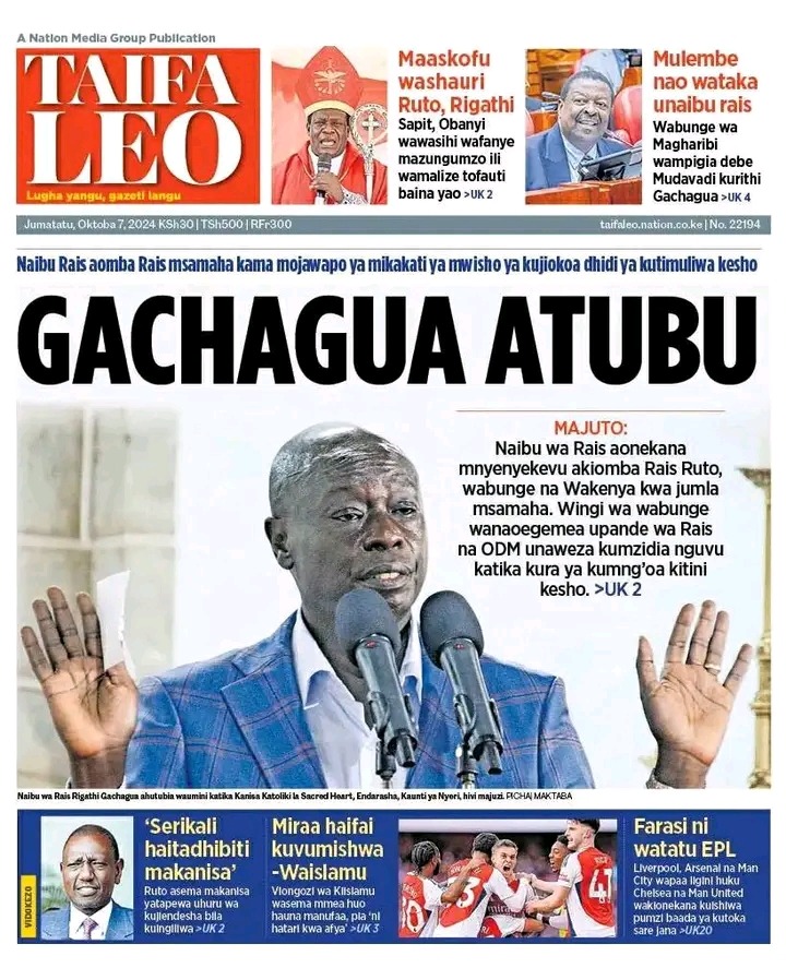 Taifa Leo newspaper headline 