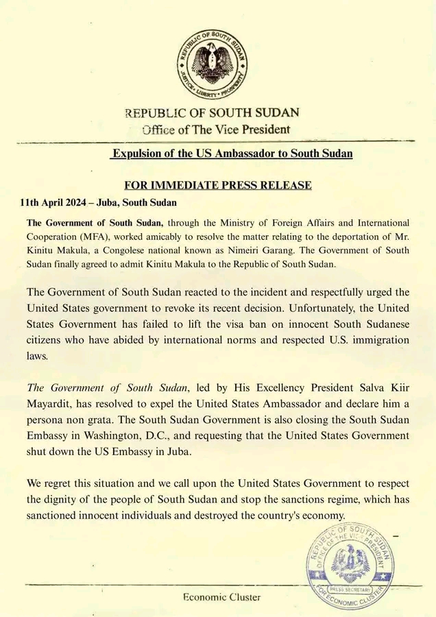 South Sudan Expels U.S. Ambassador and Orders Closure of U.S. Embassy in Juba